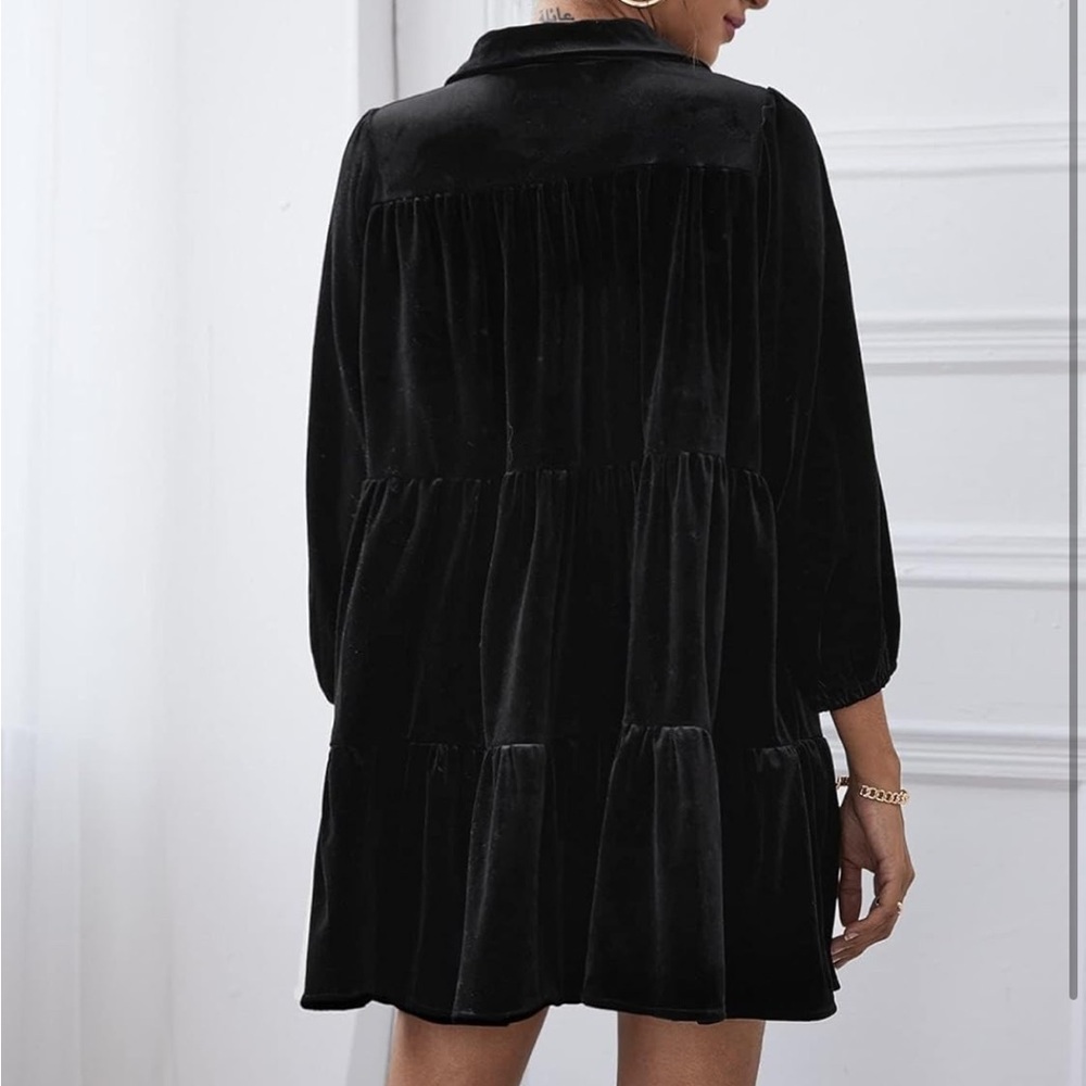 NWOT Black Boutique Smock Dress Crushed Black Velvet Sz Small Button Down V-Neck - Picture 3 of 10